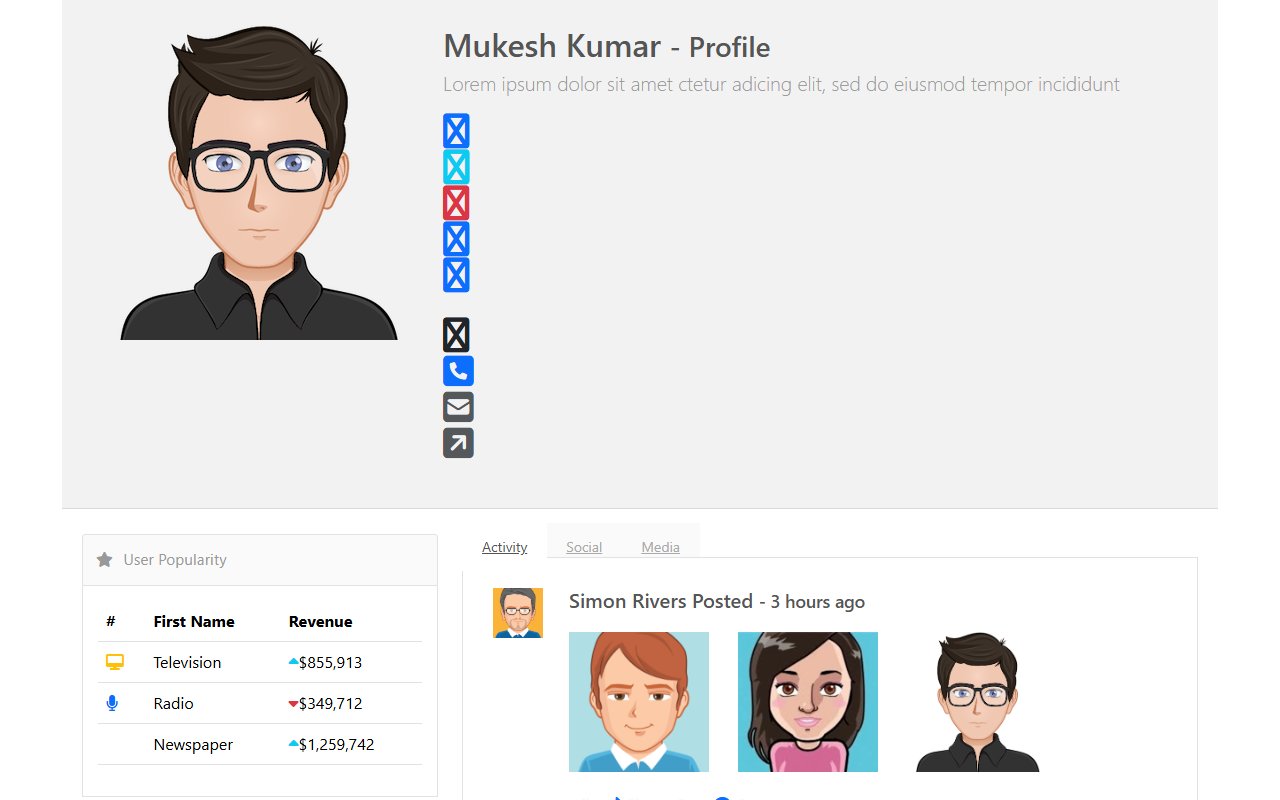 Bootstrap media profile snippets — Bootstrap 5 snippet preview