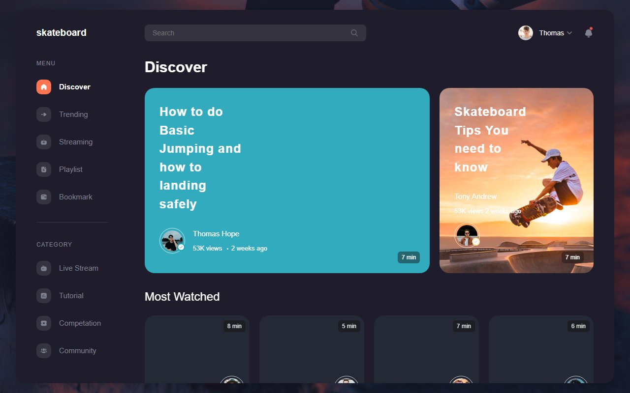 Skateboard Video Platform user interface template — Bootstrap 5 snippet preview